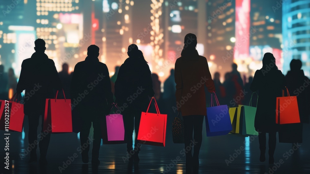 Fototapeta premium Silhouettes of shoppers carrying colorful bags against a vibrant city backdrop at night, creating a lively urban atmosphere