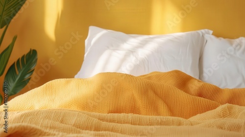 Woman relaxing on a perfectly made bed, cozy blankets, soft morning light streaming in