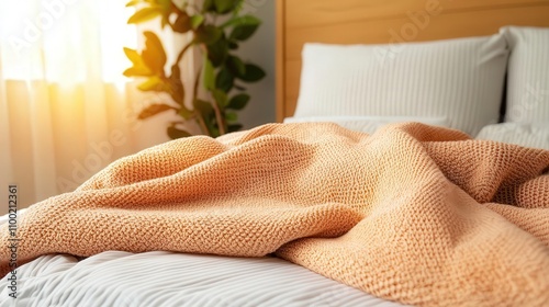 Woman relaxing on a perfectly made bed, cozy blankets, soft morning light streaming in photo