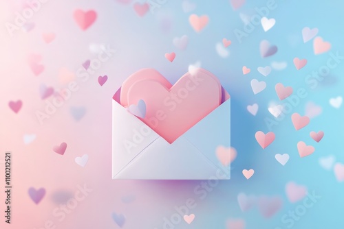 hearts around an envelope on a light blue background
