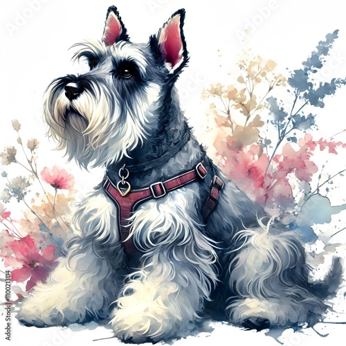 흰 배경, 슈나우저, 수채화 (white background, Schnauzer, water colour)