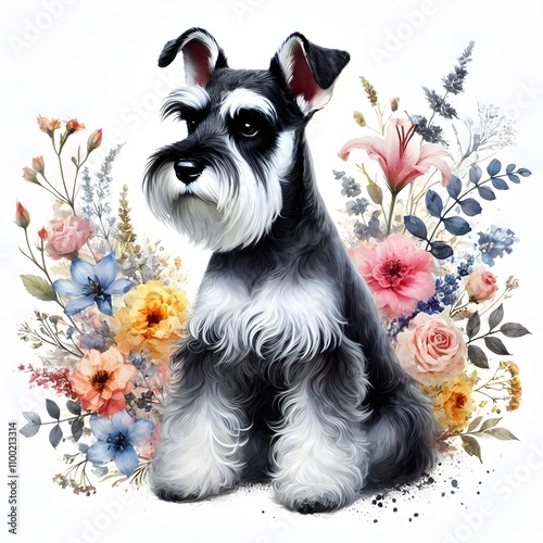 흰 배경, 슈나우저, 수채화 (white background, Schnauzer, water colour)