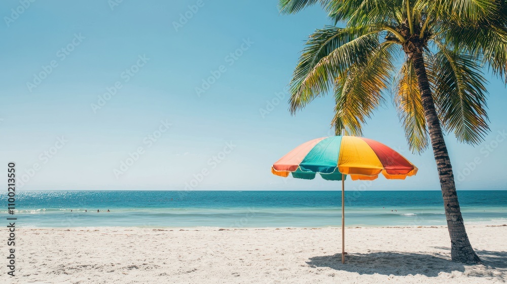 Fototapeta premium A vibrant beach scene featuring a colorful umbrella and palm tree against a clear blue sky and calm ocean, evoking tranquility and relaxation.