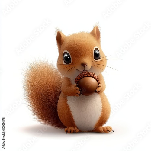 Cute cartoon squirrel holding a nut with fluffy tail and bright eyes