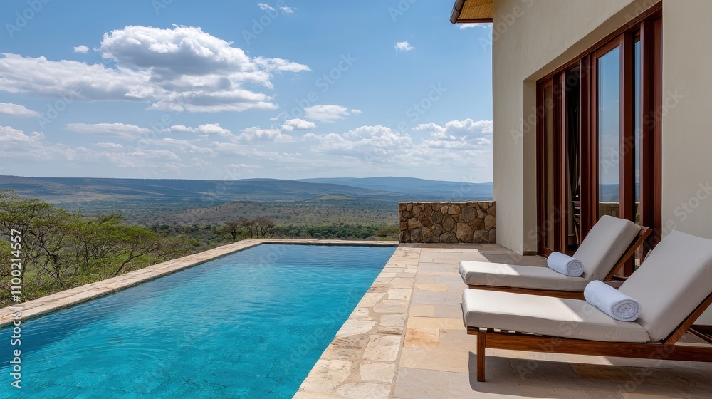 Fototapeta premium A serene poolside scene featuring sun loungers, a crystal-clear pool, and expansive views of the lush landscape under a bright blue sky.
