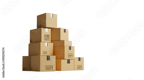 stack of cardboard shipping boxes with fragile and destination labels, arranged neatly on a seamless white background photo