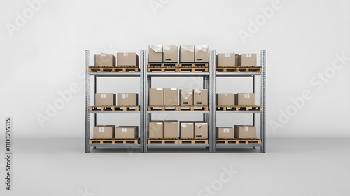  realistic warehouse scene with metal shelves filled with boxes, placed on a plain white background photo