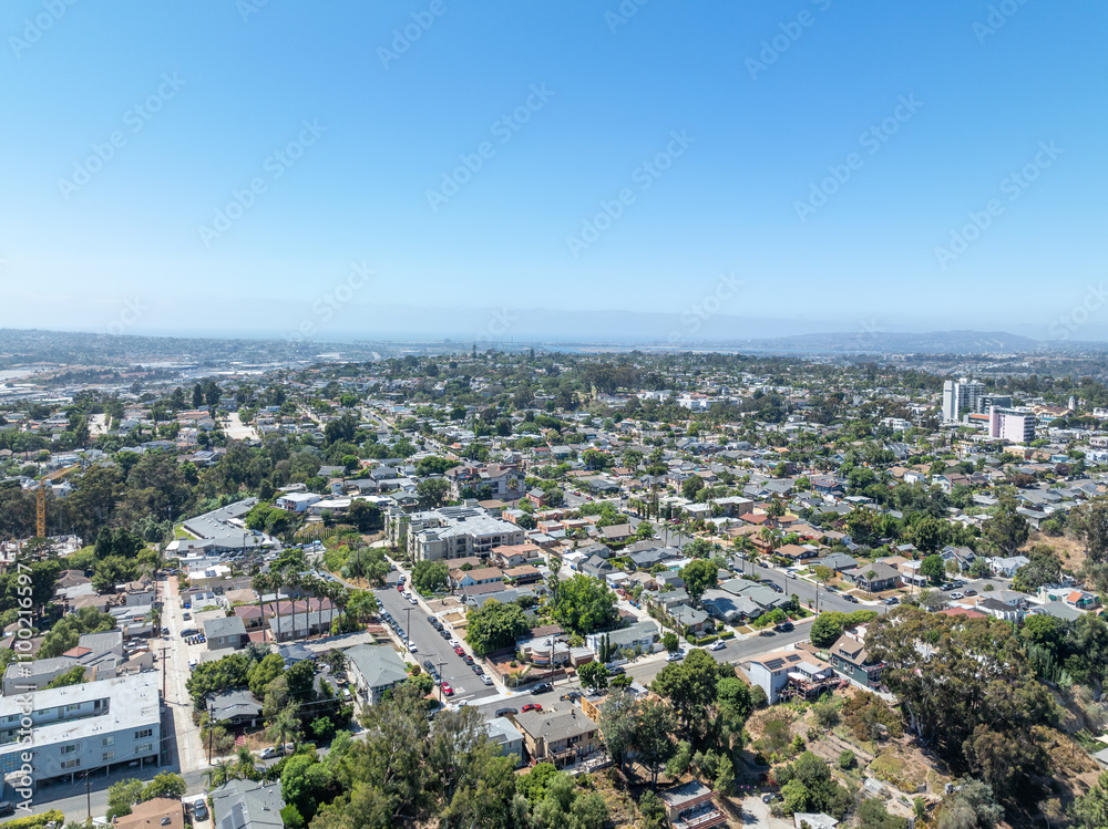 Obraz premium Aerial view above Hillcrest neighborhood in San Diego, South California. USA. High quality photo