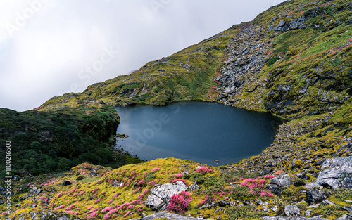 Landscape view of Moutain lake in Taplejung, Nepal. photo