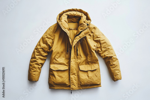 Yellow functional hooded parka coat with insulated design, versatile outerwear for outdoor adventures and everyday weather protection