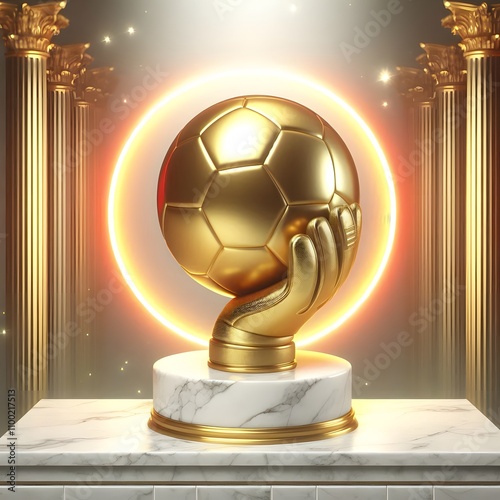 A golden ball and golden gloves are displayed on a marble stand; they represent the best goalkeeper award.