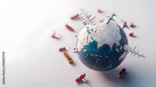 3D globe with shipping routes marked and small icons of airplanes, ships, and trucks, placed on a seamless white background photo