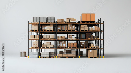  realistic warehouse scene with metal shelves filled with boxes, placed on a plain white background photo