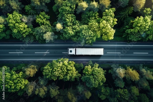 Big Rig Transport Truck Traveling on Highway Road Through Green Woodland photo