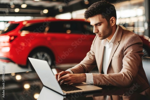 Automotive E-commerce: Man on Laptop with Car Background