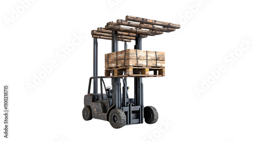 forklift lifting a wooden pallet with cargo, on a white background photo