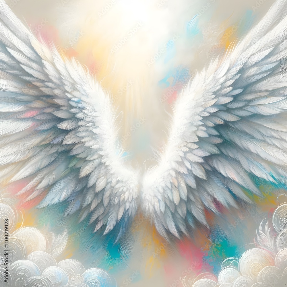 Fototapeta premium 밝은 배경, 천사 날개, 파스텔화 (Bright background, angel wings, pastel painting)