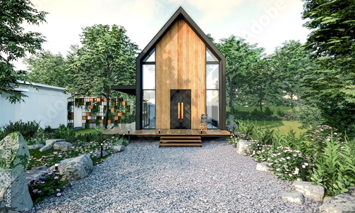 Natural loft style cafe with landscape. Exterior 3D render. photo