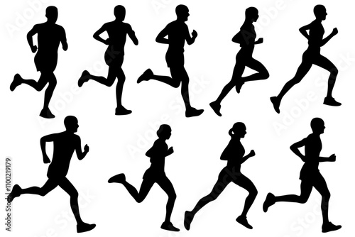 Set of Run, sport athletic logo, group of running people, Running male and female silhouette,