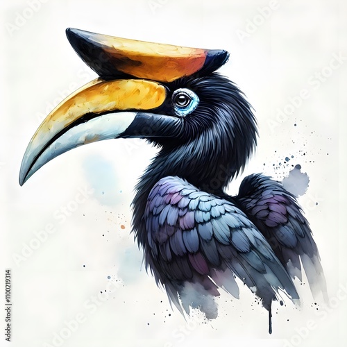 흰 배경, 코뿔새, 수채화 (white background, Rhinoceros hornbill, water colour)  photo