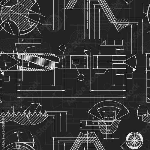 Mechanical engineering drawings on black background. Tap tools, borer. Technical Design. Cover. Blueprint. Seamless pattern. Vector illustration.