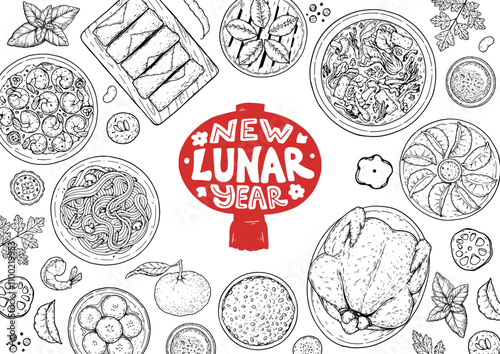Foods of Chinese Lunar New Year frame. Hand drawn vector illustration. Chinese Food sketch. Holiday menu. Food design template.