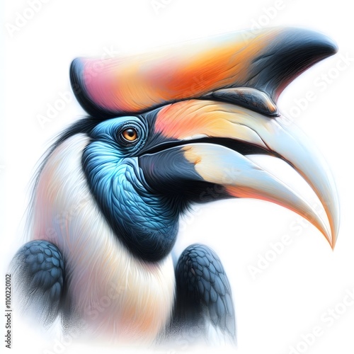 흰 배경, 코뿔새, 파스텔화 (white background, Rhinoceros hornbill, pastel painting) photo