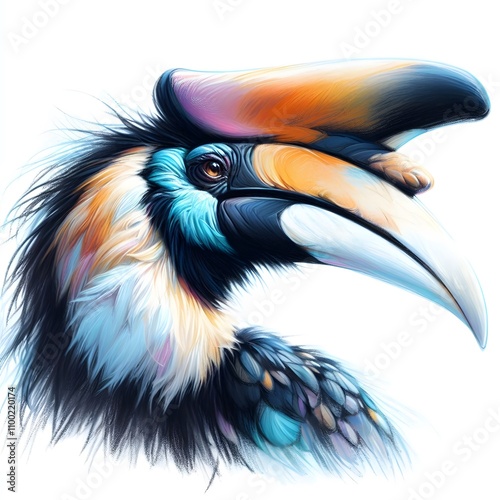 흰 배경, 코뿔새, 파스텔화 (white background, Rhinoceros hornbill, pastel painting) photo