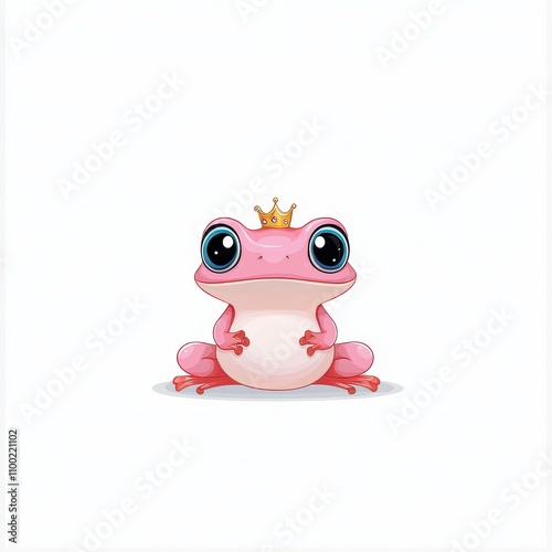 Cute Pink Frog with Crown in Cartoon Style on White Background