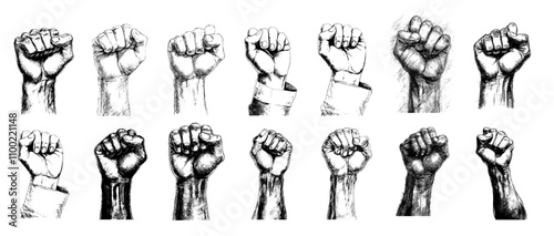 Fist illustration set, hand collection, solidarity, resistance, hand-drawn clenched fist graphics. High-quality black-and-white sketch fists in multiple perspectives. Protest, activism. Vector.