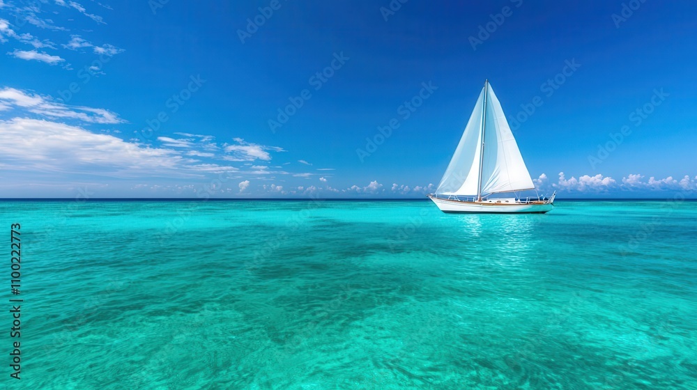 Fototapeta premium Crystalclear turquoise waters with a lone sailboat, bright sunny day, tropical paradise