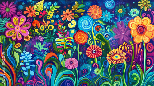 Ultrarealistic psychedelic garden - abstract expressionism with vibrant swirling brushstrokes and whimsical fantasy gen ai. whimsical. illustration. Expressionism. Illustration