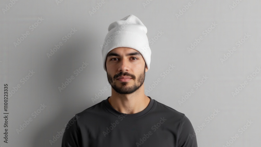 Neutral background showcases a man wearing beanie mockup, perfect for presenting custom branding. Neutral background showcases a man wearing beanie mockup, perfect for presenting custom branding.