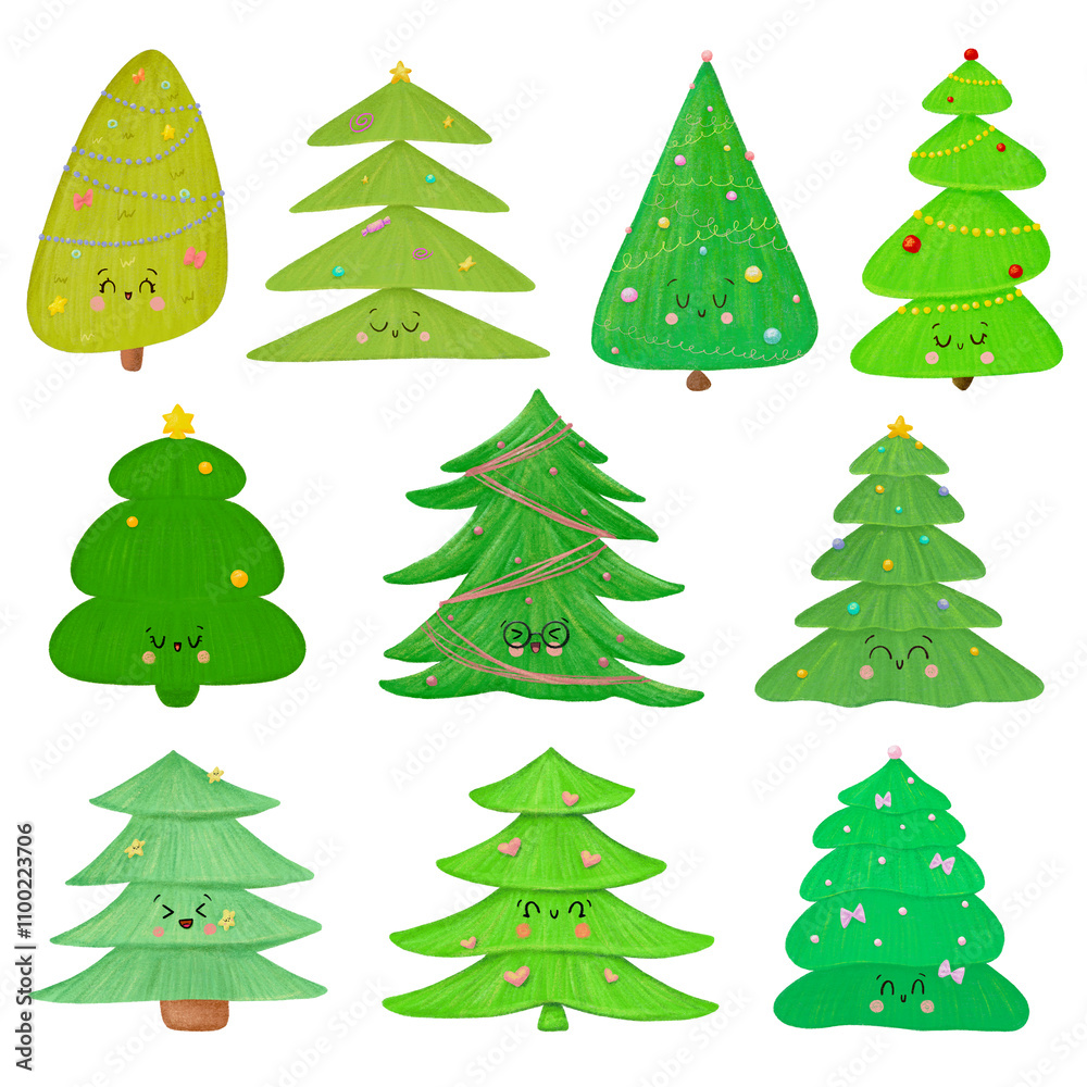 Fototapeta premium Hand-Drawn Kawaii Christmas Tree Illustration Set