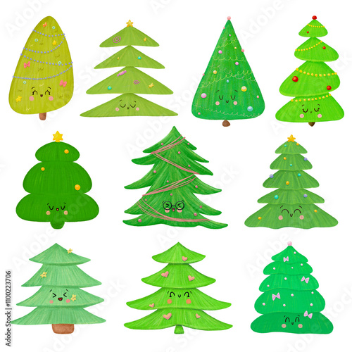 Hand-Drawn Kawaii Christmas Tree Illustration Set