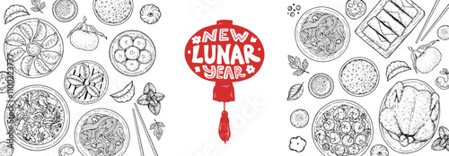 Foods of Chinese Lunar New Year frame. Hand drawn vector illustration. Chinese Food sketch. Holiday menu. Food design template.