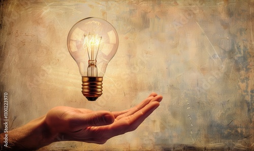One hand holding a glowing light bulb symbolizes an idea or a solution to a problem using watercolor paint.
