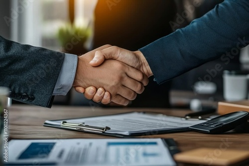 A bank loan officer congratulates a customer on their approved home loan. 