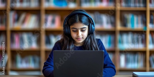 Young Indian girl engaged in virtual learning with headphones. photo