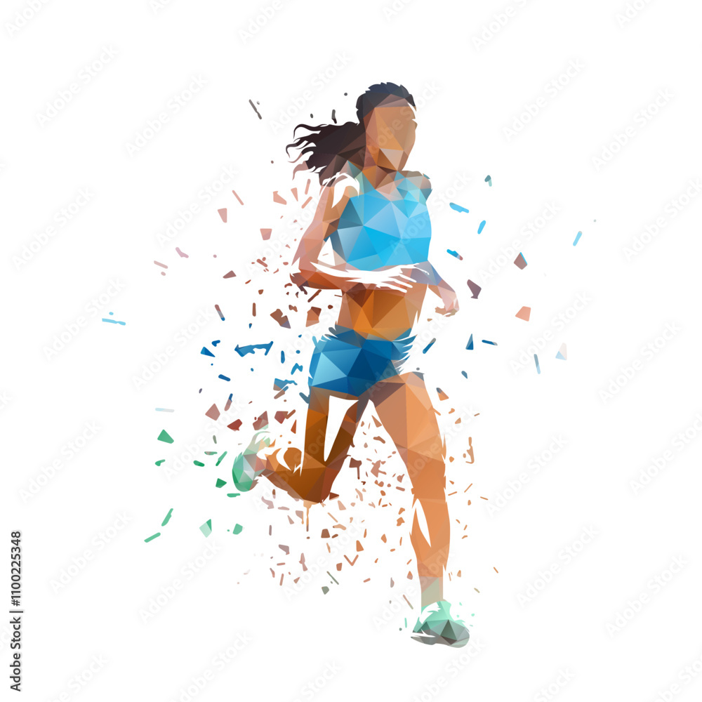 Athletics, track and field. Run, running woman, isolated low polygonal distorted vector runner illustration. Front view.