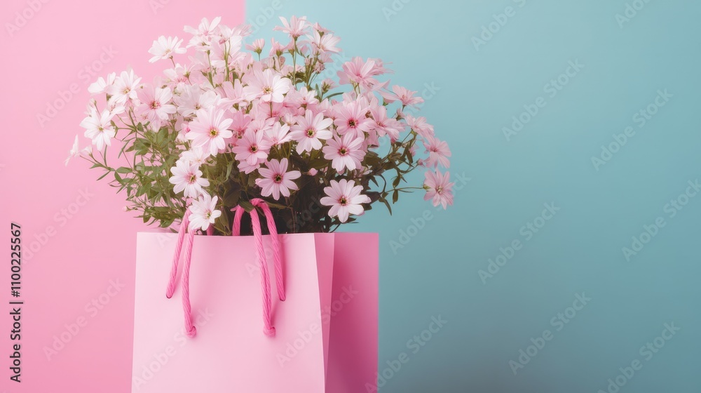 Obraz premium Bouquet of flowers in pink shopping bag on pink background