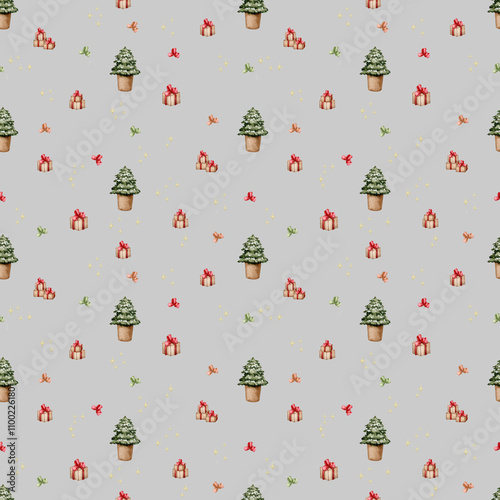 Seamless Christmas pattern with Christmas trees and gifts on a gray background. Christmas, New Year, holiday. Hand drawn watercolor ornament. Design for wallpaper, cards, wrapping paper, stationery.