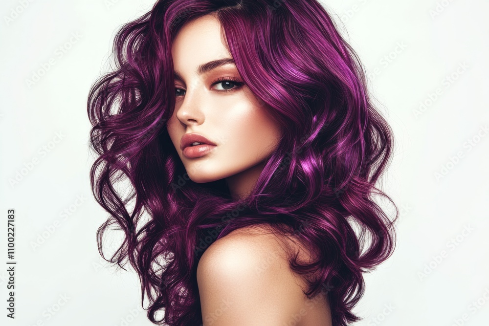 Naklejka premium A stunning woman showcases her vibrant purple curly hair against a clean white backdrop. 