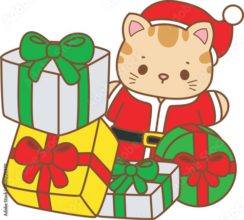 Illustration of cute kitty Christmas icon.
Funny Christmas cat in daily activities elements.
