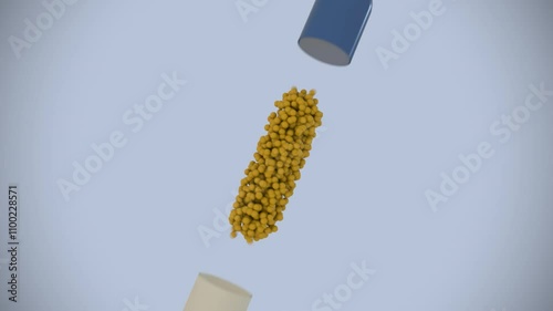 Animated medicine capsule forms and then tumbles downwards and lands on a pile of other capsules