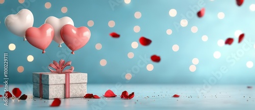 Celebration banner, heart balloons and gift boxes on blue background