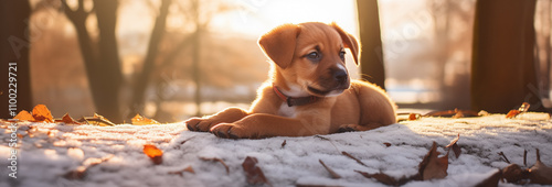 dog laying in the park on the sunny winter day