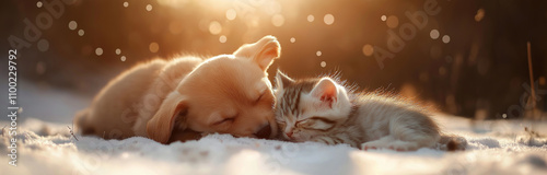 dog and cat in the snow covered park, winter sunny day
