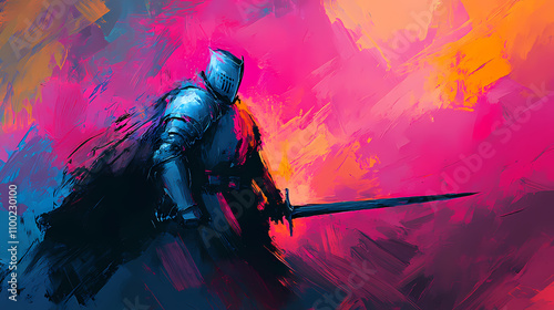 Knight rendered in abstract expressionism style, using bold, dynamic brushstrokes and vivid colors to convey the powerful presence of the knight. Expressionism. Illustration