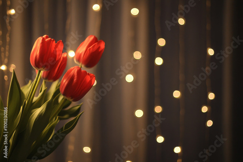 red tulips against a bokeh background of garlands